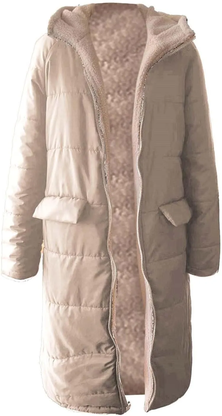 Womens Warm Winter Puffer Hooded Puffer Jacket Lightweight Winter Coat Womens sherpa Fleece Lined Long Jackets