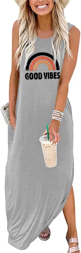 Womens Womens Good Vibes Print Rainbow Sleeveless Maxi Dress Summer Casual Tank Dresses with Pockets