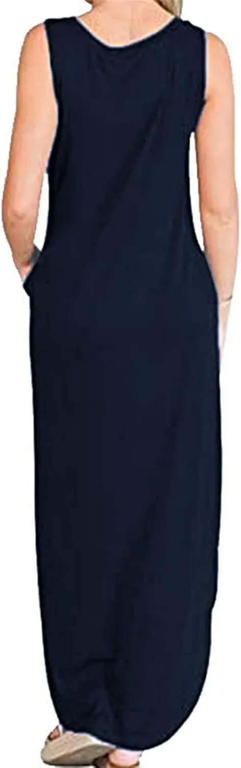 Womens Womens Good Vibes Print Rainbow Sleeveless Maxi Dress Summer Casual Tank Dresses with Pockets