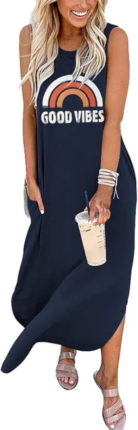 Womens Womens Good Vibes Print Rainbow Sleeveless Maxi Dress Summer Casual Tank Dresses with Pockets