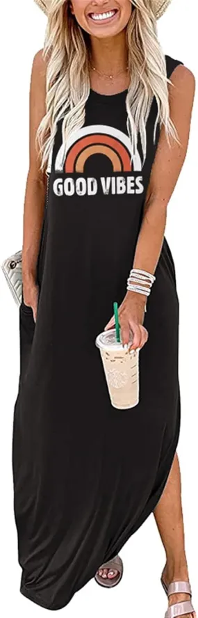 Womens Womens Good Vibes Print Rainbow Sleeveless Maxi Dress Summer Casual Tank Dresses with Pockets