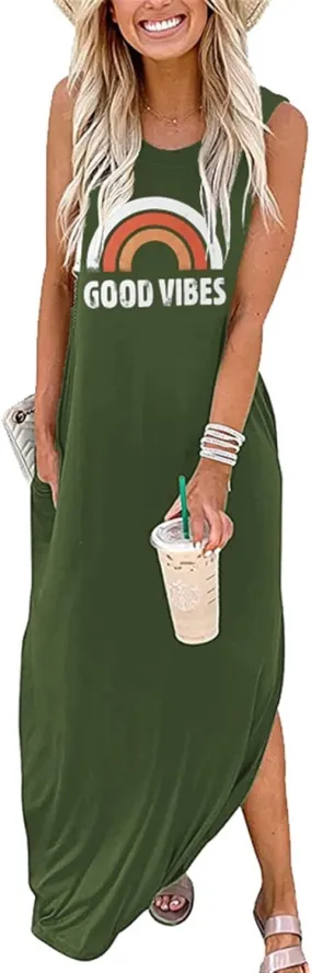 Womens Womens Good Vibes Print Rainbow Sleeveless Maxi Dress Summer Casual Tank Dresses with Pockets