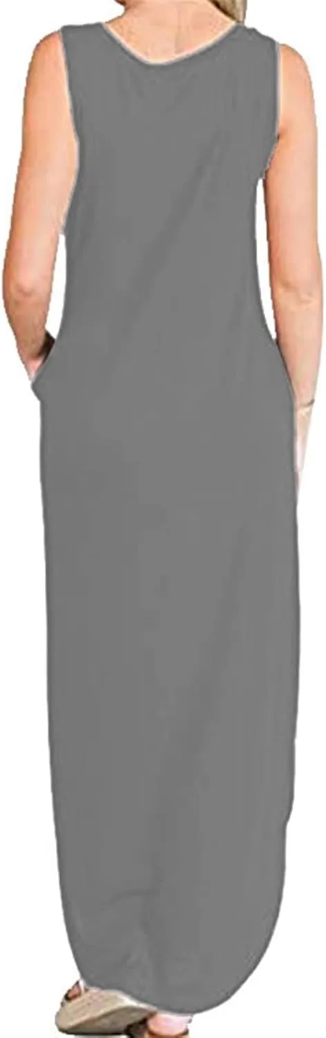 Womens Womens Good Vibes Print Rainbow Sleeveless Maxi Dress Summer Casual Tank Dresses with Pockets