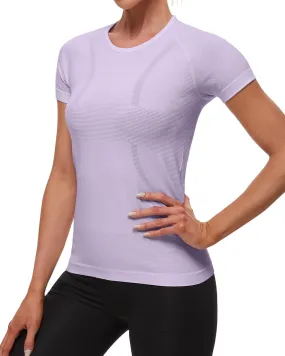 Womens Workout Tops Seamless Athletic Shirts Crewneck Short Sleeve Breathable Running Yoga T-Shirts