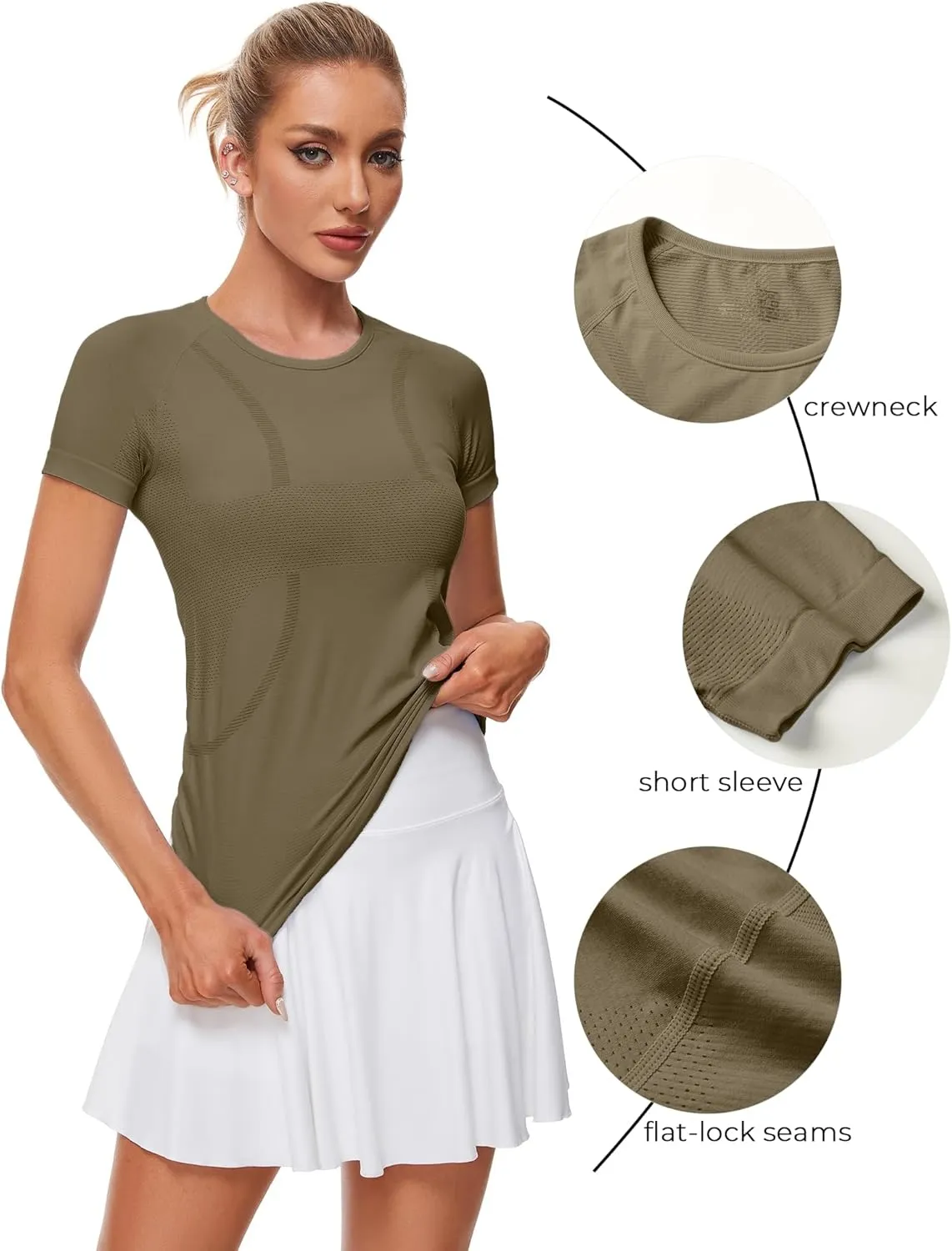 Womens Workout Tops Seamless Athletic Shirts Crewneck Short Sleeve Breathable Running Yoga T-Shirts