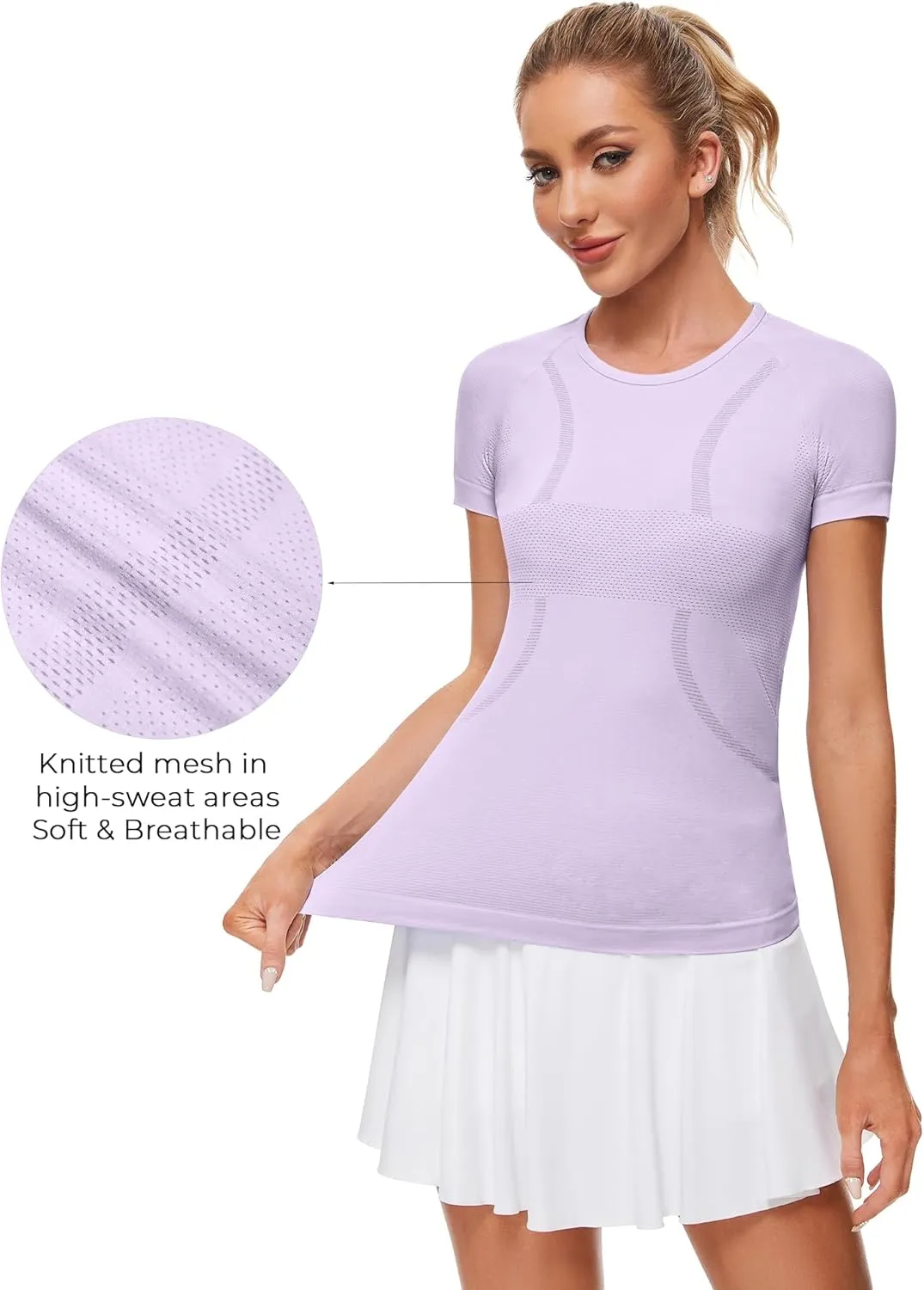 Womens Workout Tops Seamless Athletic Shirts Crewneck Short Sleeve Breathable Running Yoga T-Shirts