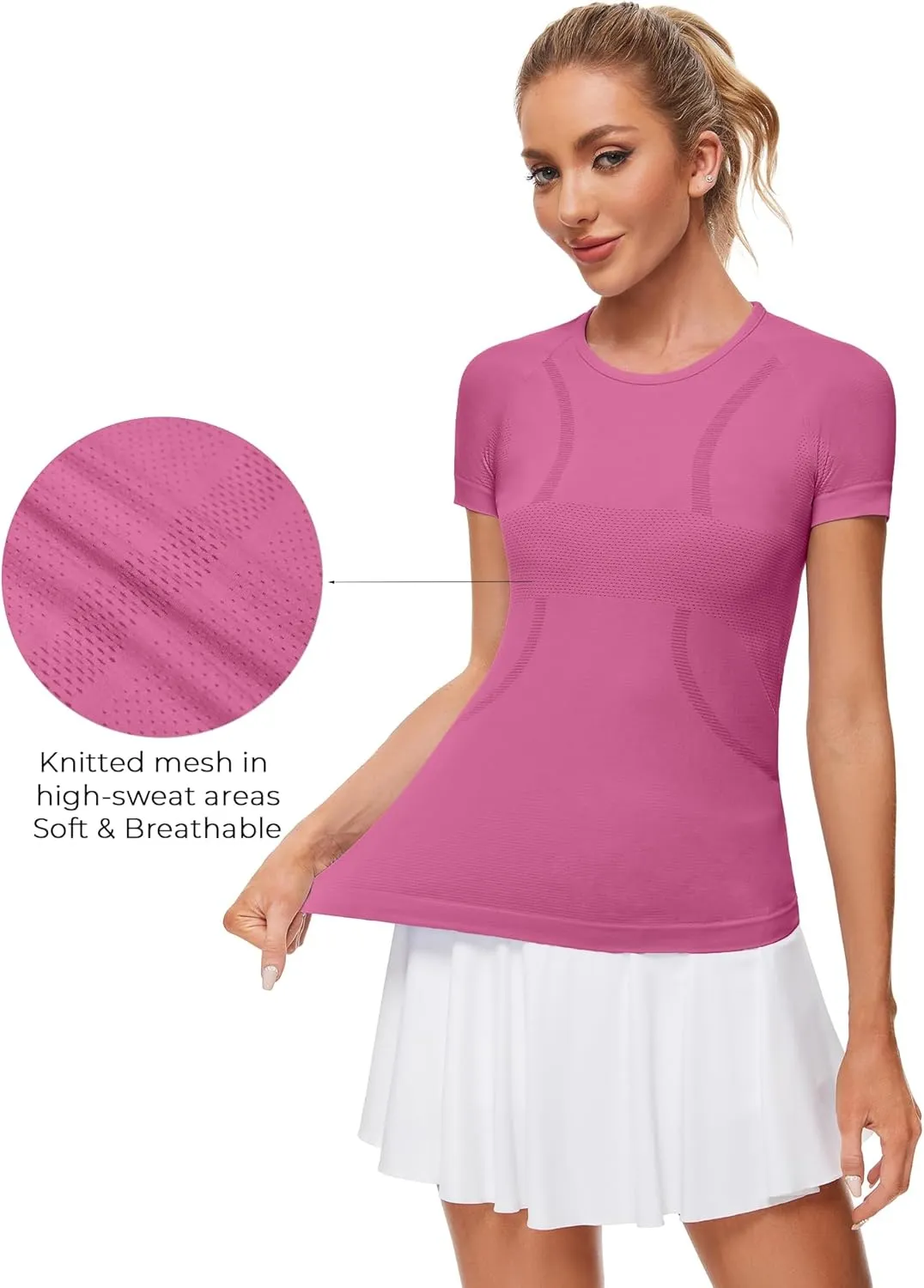 Womens Workout Tops Seamless Athletic Shirts Crewneck Short Sleeve Breathable Running Yoga T-Shirts