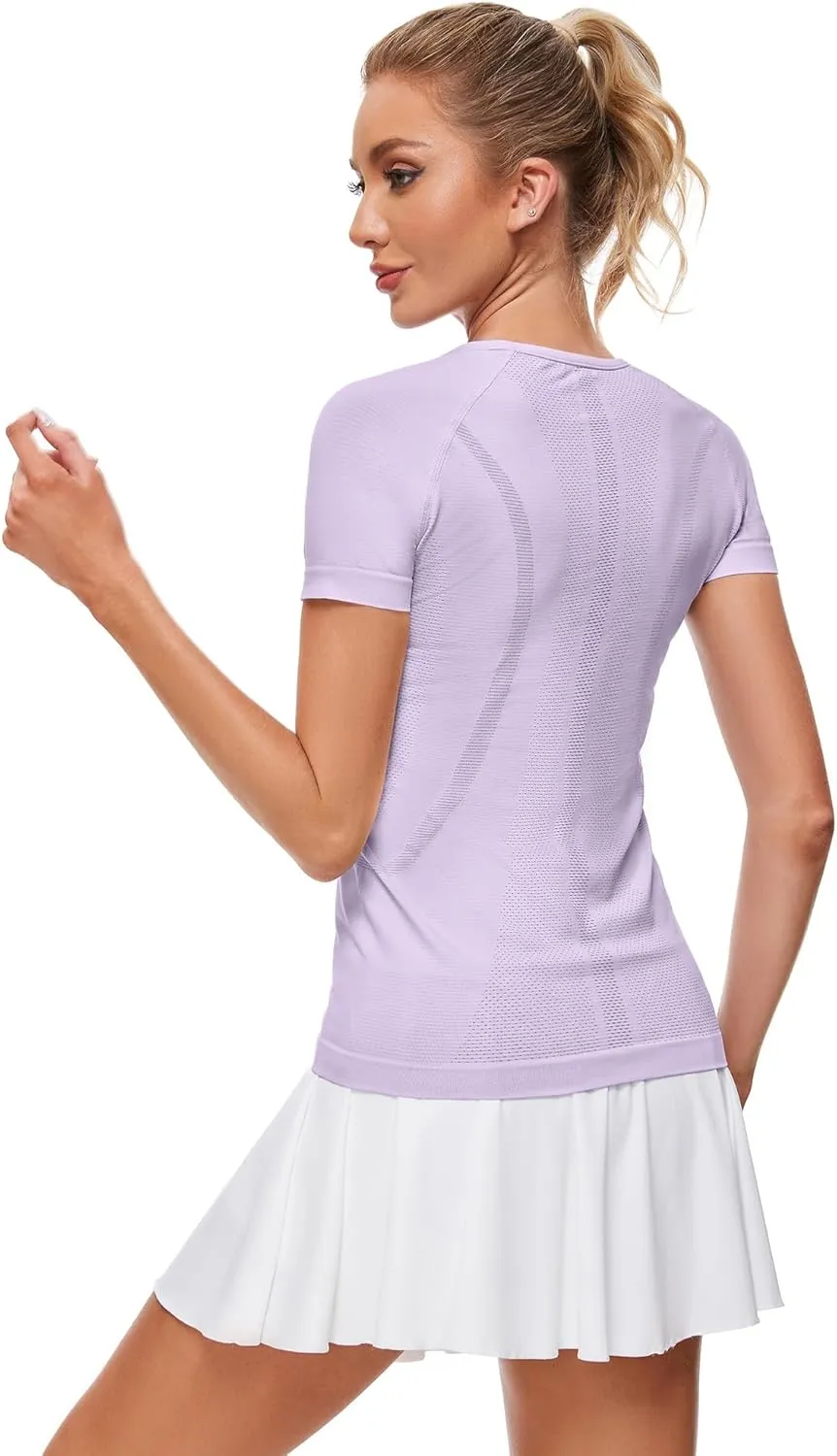 Womens Workout Tops Seamless Athletic Shirts Crewneck Short Sleeve Breathable Running Yoga T-Shirts