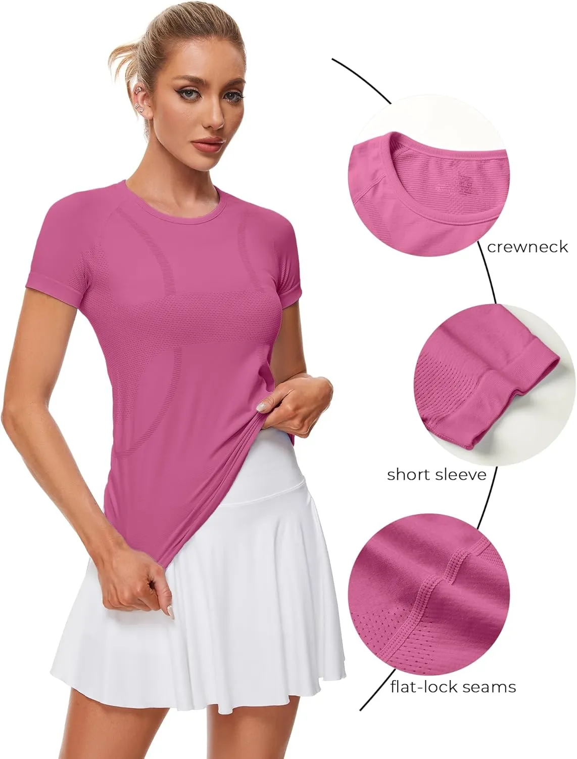 Womens Workout Tops Seamless Athletic Shirts Crewneck Short Sleeve Breathable Running Yoga T-Shirts