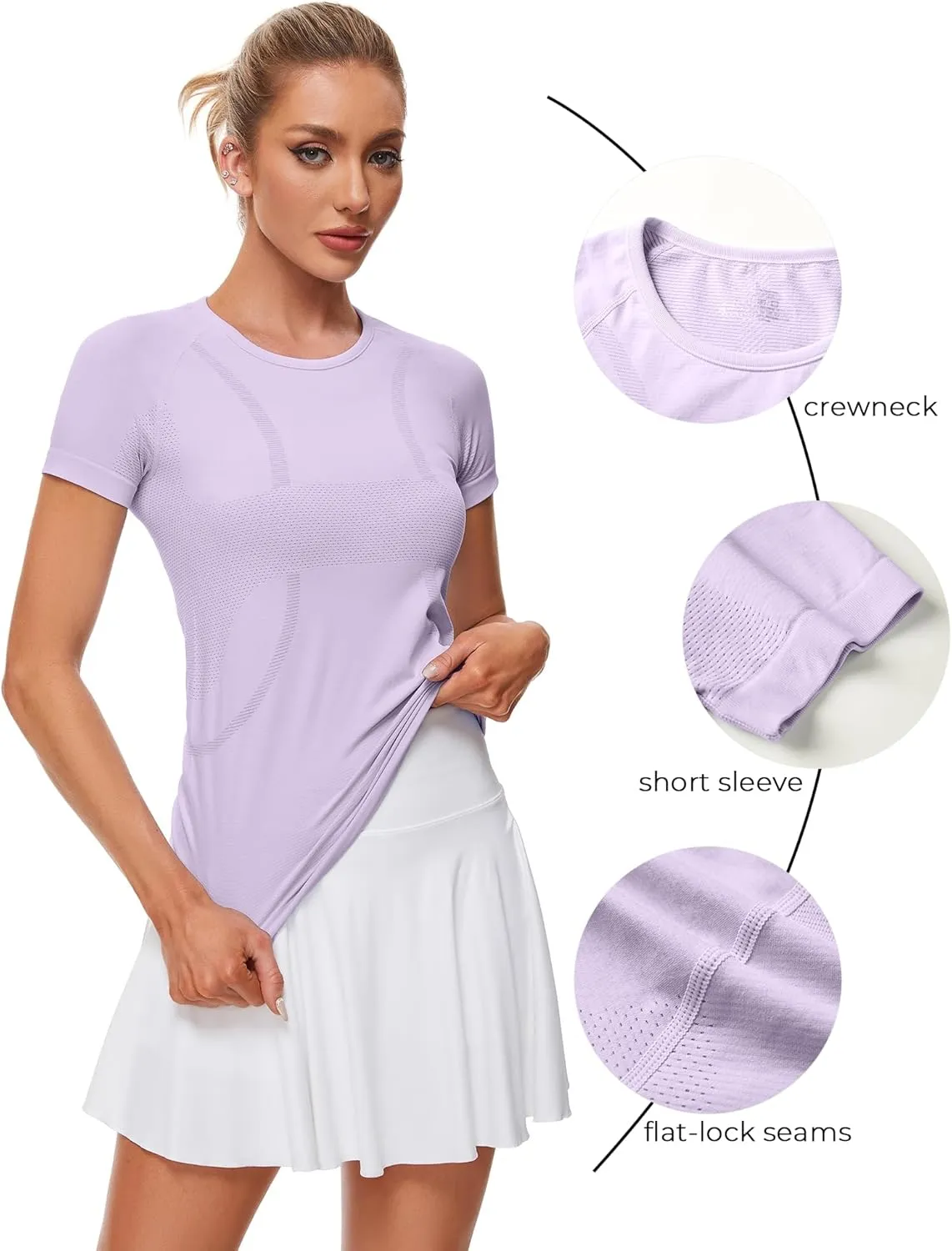 Womens Workout Tops Seamless Athletic Shirts Crewneck Short Sleeve Breathable Running Yoga T-Shirts