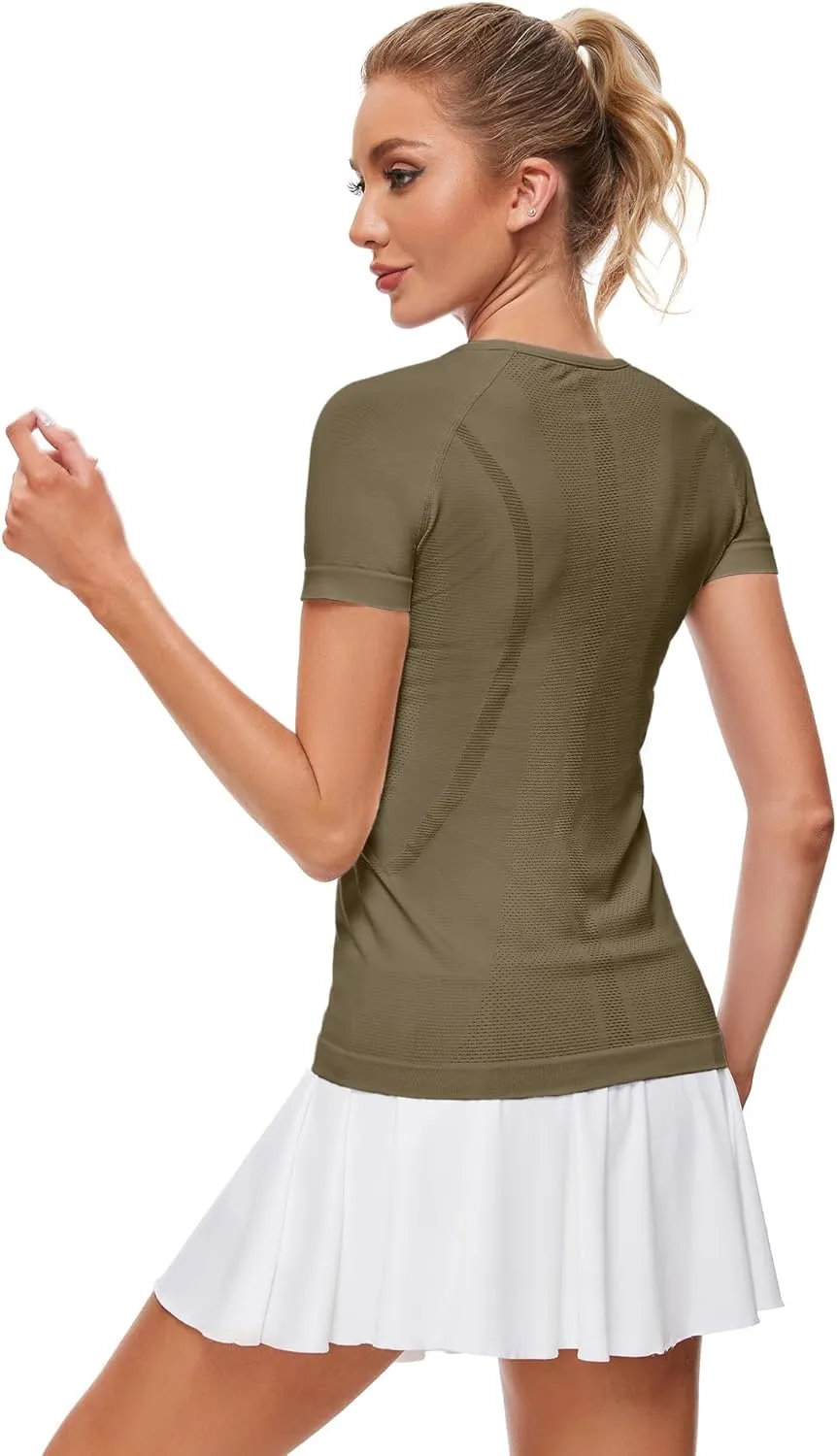 Womens Workout Tops Seamless Athletic Shirts Crewneck Short Sleeve Breathable Running Yoga T-Shirts