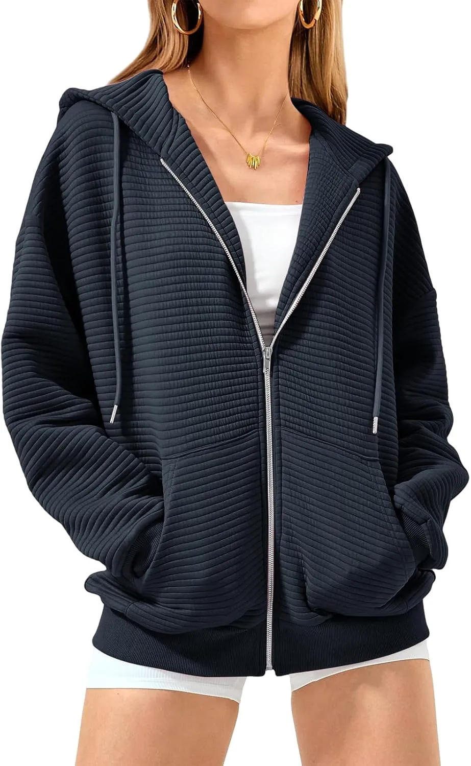Womens Zip Up Hoodies Casual Long Sleeve Sweatshirts Lightweight Oversized Jacket with Pockets