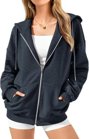 Womens Zip Up Hoodies Casual Long Sleeve Sweatshirts Lightweight Oversized Jacket with Pockets