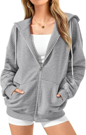 Womens Zip Up Hoodies Casual Long Sleeve Sweatshirts Lightweight Oversized Jacket with Pockets