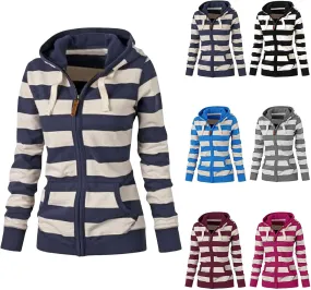 Womens Zip Up Hoodies Casual Oversized Striped Hoodies Sweatshirts Plain Zipper Classic Hooded Jackets with Pockets