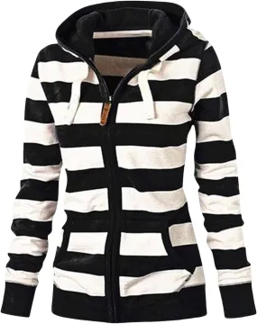 Womens Zip Up Hoodies Casual Oversized Striped Hoodies Sweatshirts Plain Zipper Classic Hooded Jackets with Pockets