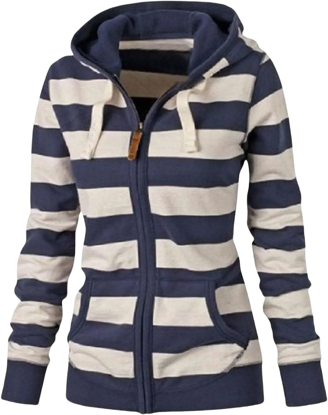Womens Zip Up Hoodies Casual Oversized Striped Hoodies Sweatshirts Plain Zipper Classic Hooded Jackets with Pockets