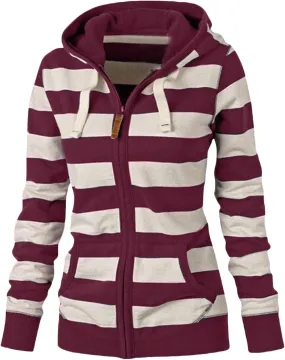 Womens Zip Up Hoodies Casual Oversized Striped Hoodies Sweatshirts Plain Zipper Classic Hooded Jackets with Pockets