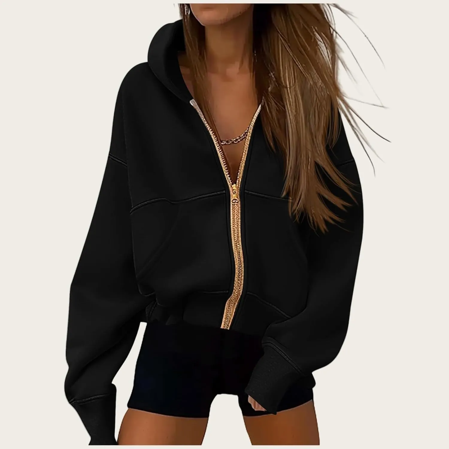 Womens Zip Up Hoodies Jacket Cropped Long Sleeve Hooded Sweatshirt Casual Comfy Coat Winter Clothes 2024
