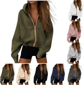 Womens Zip Up Hoodies Jacket Cropped Long Sleeve Hooded Sweatshirt Casual Comfy Coat Winter Clothes 2024