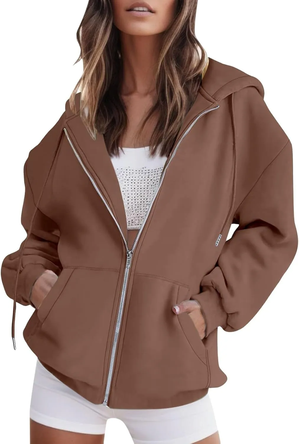 Womens Zip Up Hoodies Long Sleeve Fall Fashion Oversized Sweatshirts Fleece Y2k Jackets with Pockets