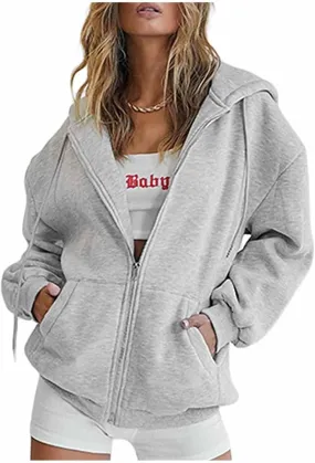 Womens Zip Up Hoodies Long Sleeve Fall Fashion Oversized Sweatshirts Fleece Y2k Jackets with Pockets