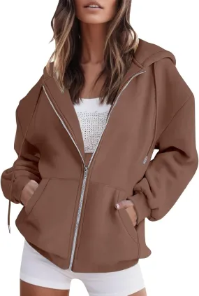 Womens Zip Up Hoodies Long Sleeve Fall Fashion Oversized Sweatshirts Fleece Y2k Jackets with Pockets