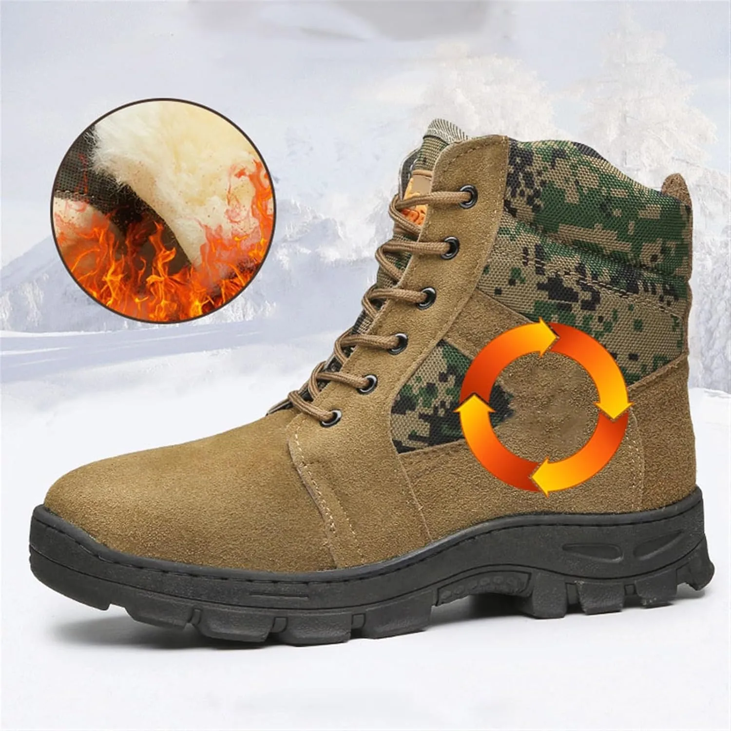 Wygwlg Camouflage Combat Boots for Men, Men's Warm Warm Fur Lined Non-Slip High Top Tactical Boots, Waterproof Non-Slip Warm Army Boots, for Camping, Hiking, Work Combat, Military