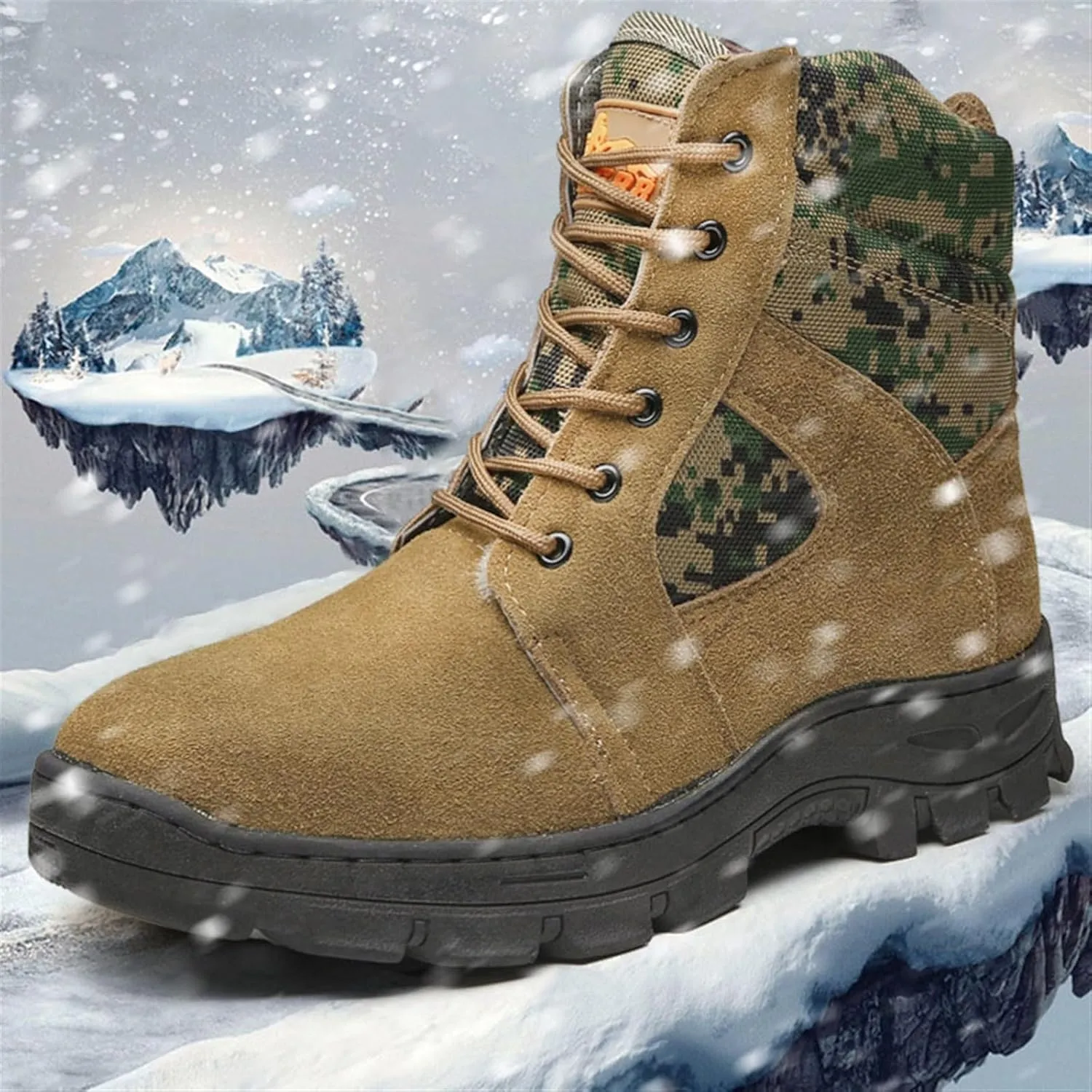 Wygwlg Camouflage Combat Boots for Men, Men's Warm Warm Fur Lined Non-Slip High Top Tactical Boots, Waterproof Non-Slip Warm Army Boots, for Camping, Hiking, Work Combat, Military