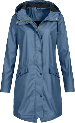 XUETON Womens Long Hooded Rain Jackets Outdoor Raincoat Windbreaker Waterproof Lightweight Hooded Trench Coats Plus Size(Dark Blue,Medium)