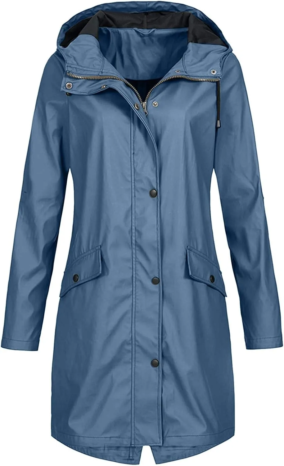 XUETON Womens Long Hooded Rain Jackets Outdoor Raincoat Windbreaker Waterproof Lightweight Hooded Trench Coats Plus Size(Dark Blue,Medium)