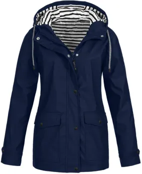 XUETON Womens Oversized Hooded Rain Jackets Outdoor Raincoat Windbreaker Waterproof Lightweight Outdoor Hooded Trench Coat(Navy,Medium)