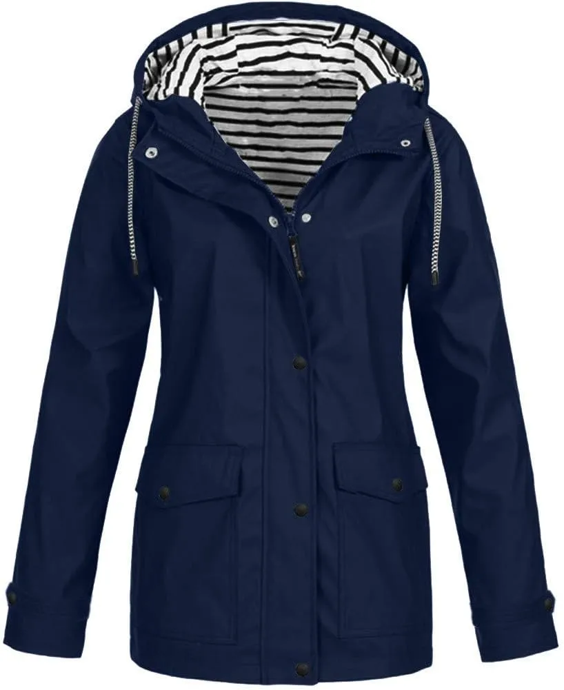 XUETON Womens Oversized Hooded Rain Jackets Outdoor Raincoat Windbreaker Waterproof Lightweight Outdoor Hooded Trench Coat(Navy,Medium)