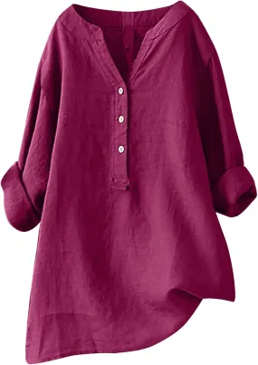 YZHM Womens Long Sleeve Blouses Cotton Linen Plus Size Tops V Neck Button Down Shirts Loose Tunic Tops Solid Trendy Tshirts