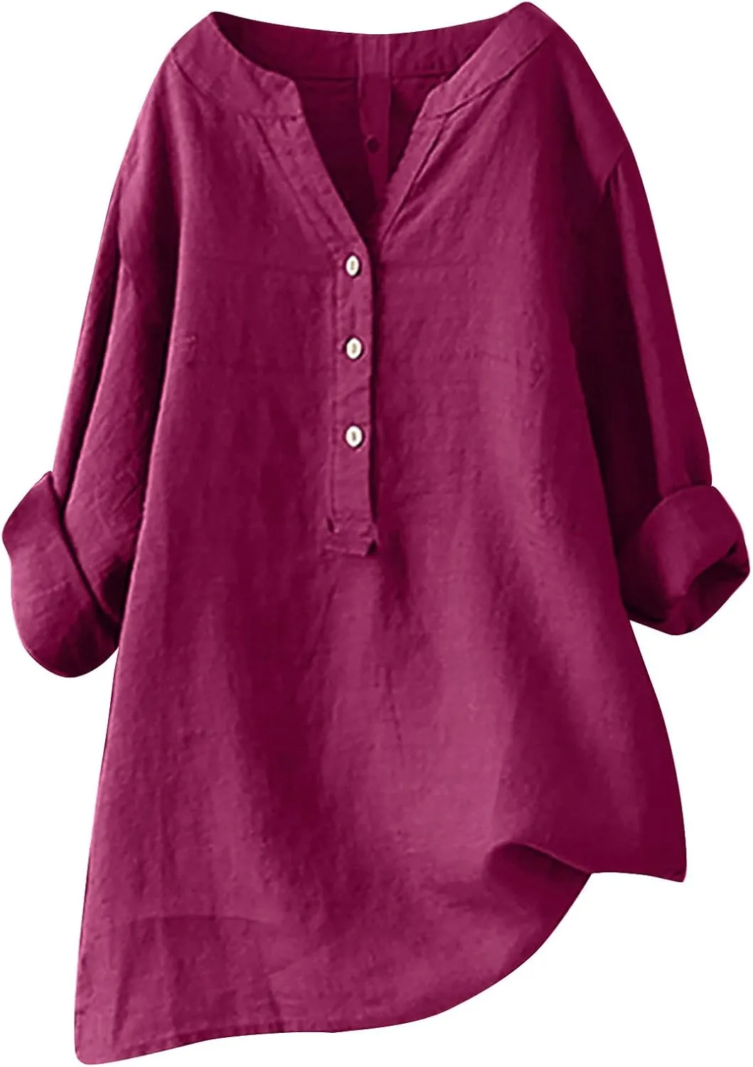 YZHM Womens Long Sleeve Blouses Cotton Linen Plus Size Tops V Neck Button Down Shirts Loose Tunic Tops Solid Trendy Tshirts