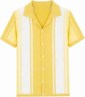 Zeiyignr Men's Stripe Button Down Knit Polo Shirts Short Sleeve Vintage Beach Shirts Knitted Golf Shirt Cardigan Sweater