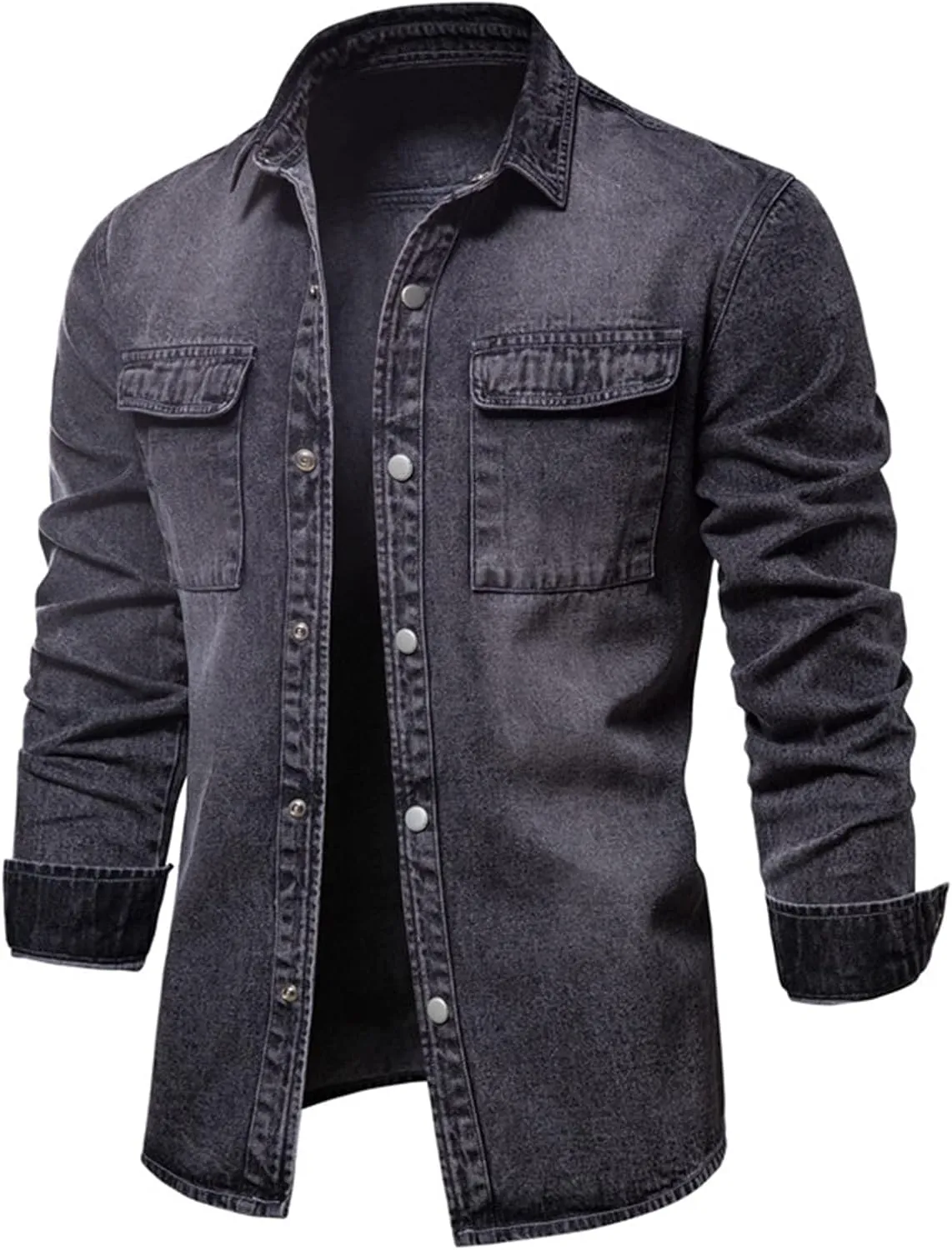 ZWRXW Jean Shirts Jacket for Men Fashion Denim Jacket Washed Classic Button Down Casual Slim Fit Distressed Trucker Coat