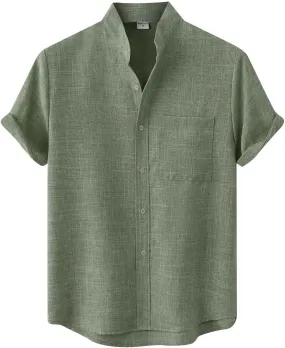 ZWRXW Men's Linen Shirts Short Sleeve Summer Casual Button Down Stand Collar Beach Lightweight Tops Tee