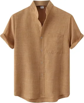 ZWRXW Men's Linen Shirts Short Sleeve Summer Casual Button Down Stand Collar Beach Lightweight Tops Tee