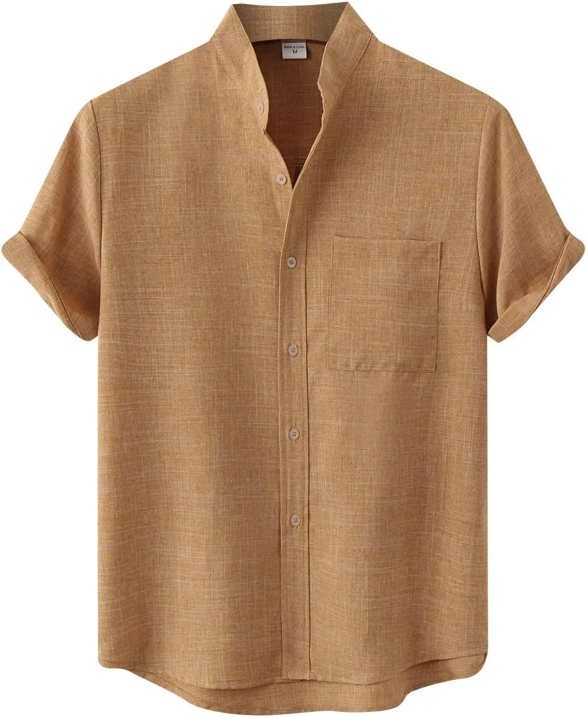 ZWRXW Men's Linen Shirts Short Sleeve Summer Casual Button Down Stand Collar Beach Lightweight Tops Tee
